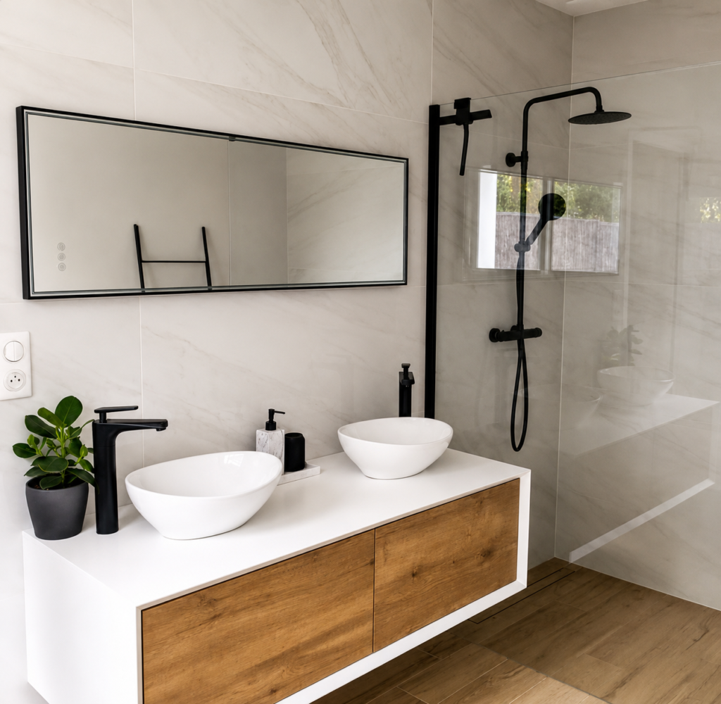 Découvrez cette rénovation de salle de bain haut de gamme réalisée par InterConstruct : double vasque suspendue, douche à l'italienne, carrelage effet marbre et robinetterie noire mat. Devis gratuit.